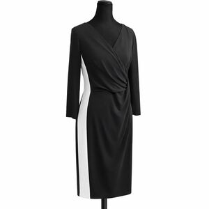 Chaps Midi Ruched Wrap Dress Black & White Size Medium